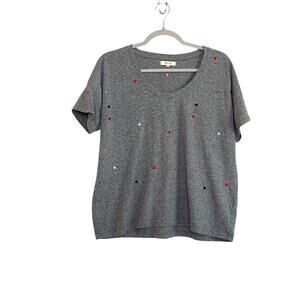Madewell Womens Embroidered Scoop Neck Short Sleeve Tee Size Small Gray Red Blue
